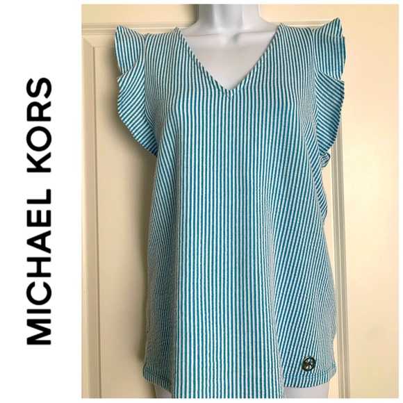 MK Michael Kors Women’s Knit Striped Top White/Cyan Blue Size Small - Picture 2 of 7